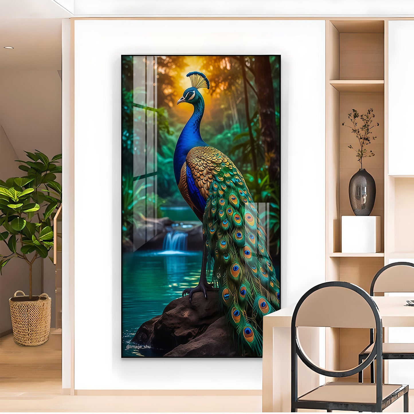 Majestic Peacock by Waterfall Glass Finish Vertical Wall Art