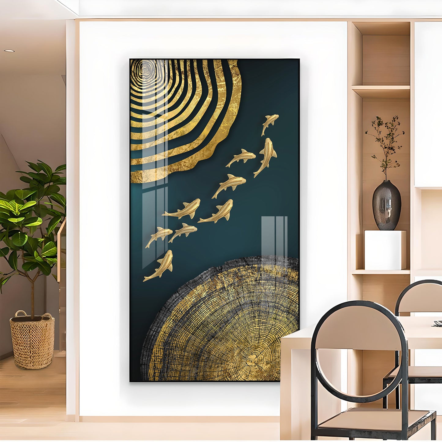 Luminous Fish Dance Glass Finish Vertical Wall Art