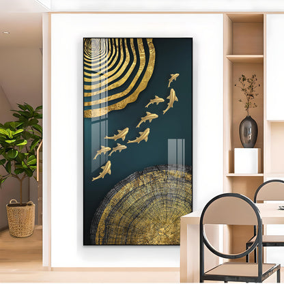 Luminous Fish Dance Glass Finish Vertical Wall Art