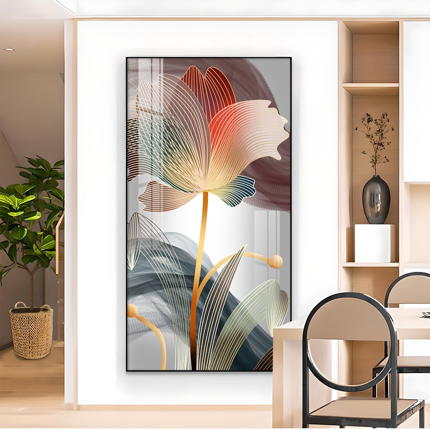 Floral Wave Glass Finish Vertical Wall Art