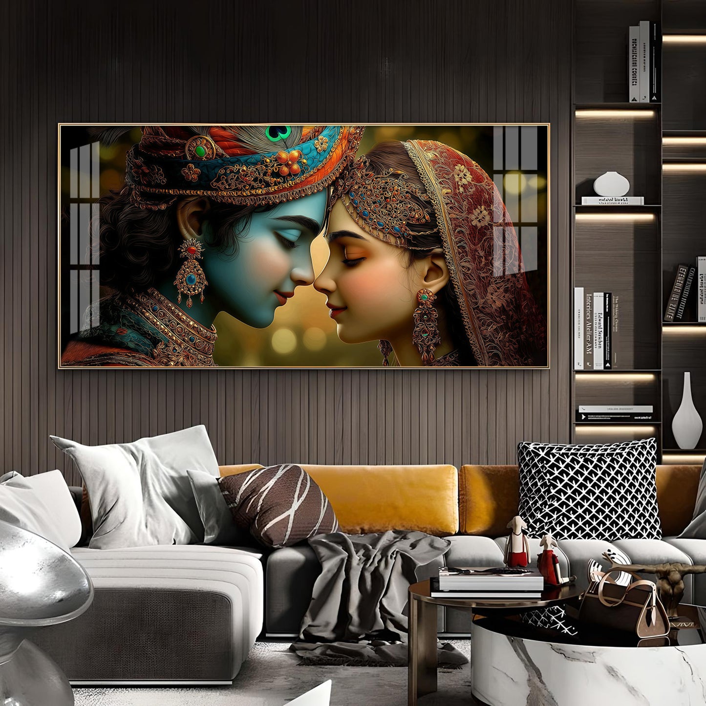 Beauty Couple Radha Krishna Glass Finish Horizontal Wall Art