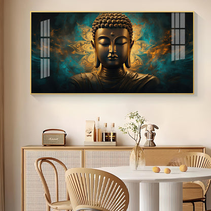 Lord Buddha Golden Glass Finish Horizontal Wall Art