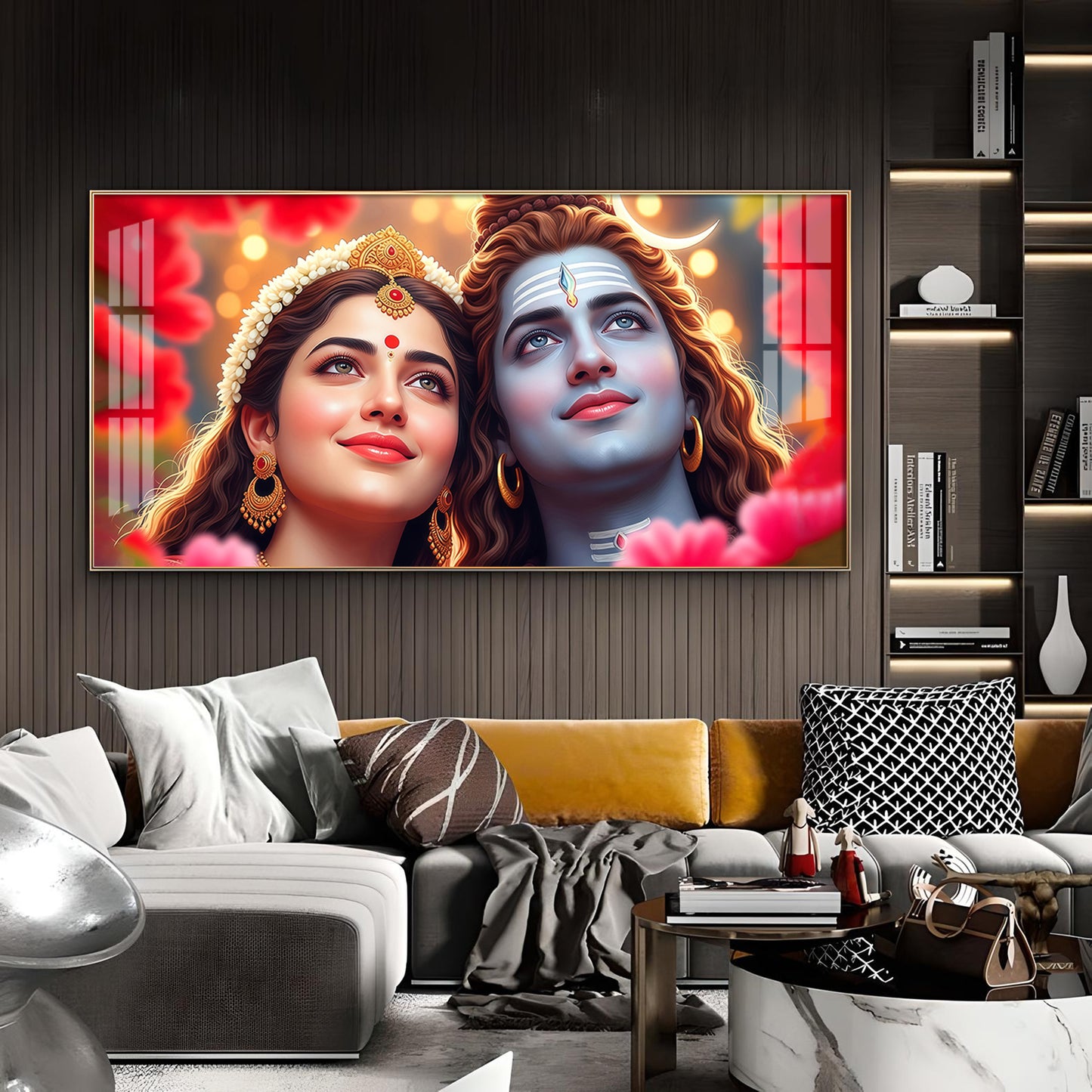 Lord Shiva and Parvati Glass Finish Horizontal Wall Art