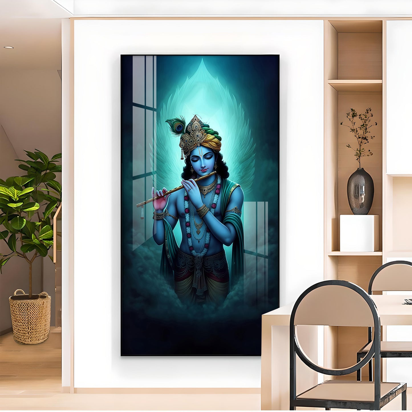 Spiritual Krishna In Vibrant Color Glass Finish Vertical Wall Art