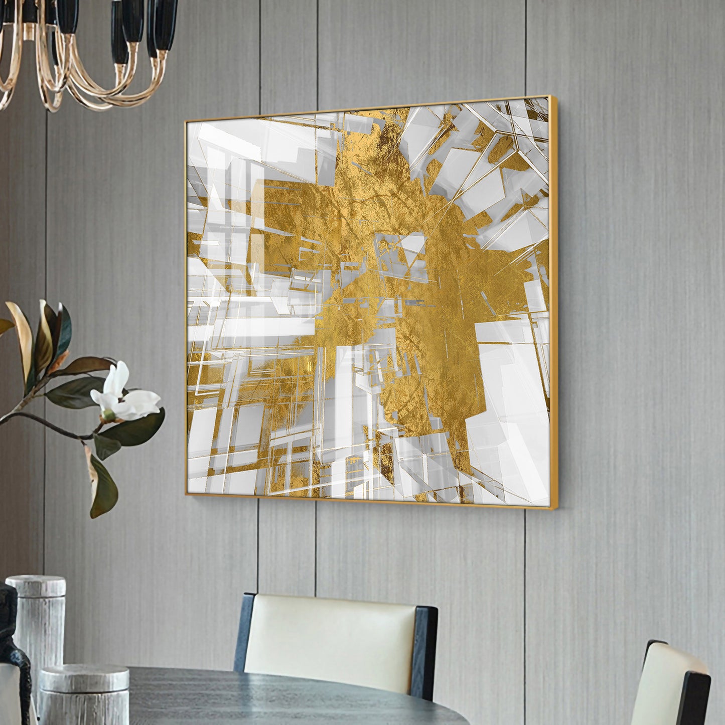 Symphony in Gold and White Glass Finish Square Wall Art