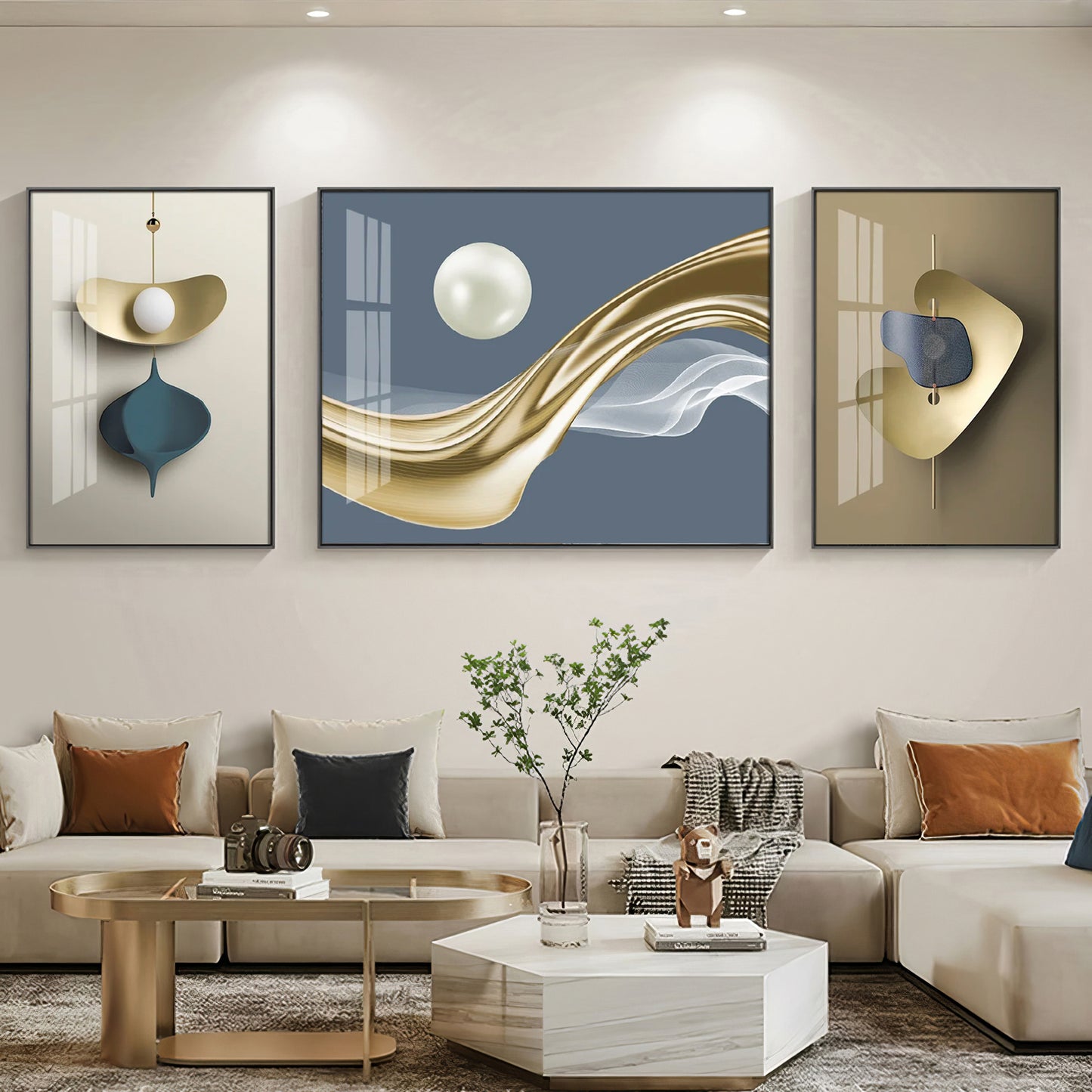 White Pearl Glass Finish Wall Art (Set Of 3)