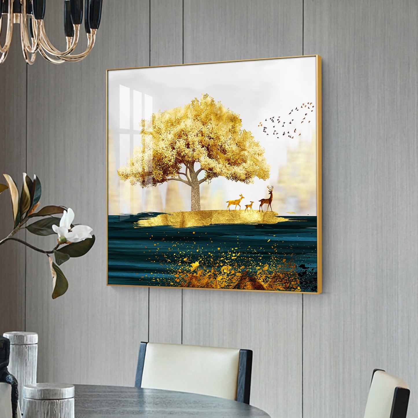 Golden Tree and Deer Glass Finish Square Wall Art