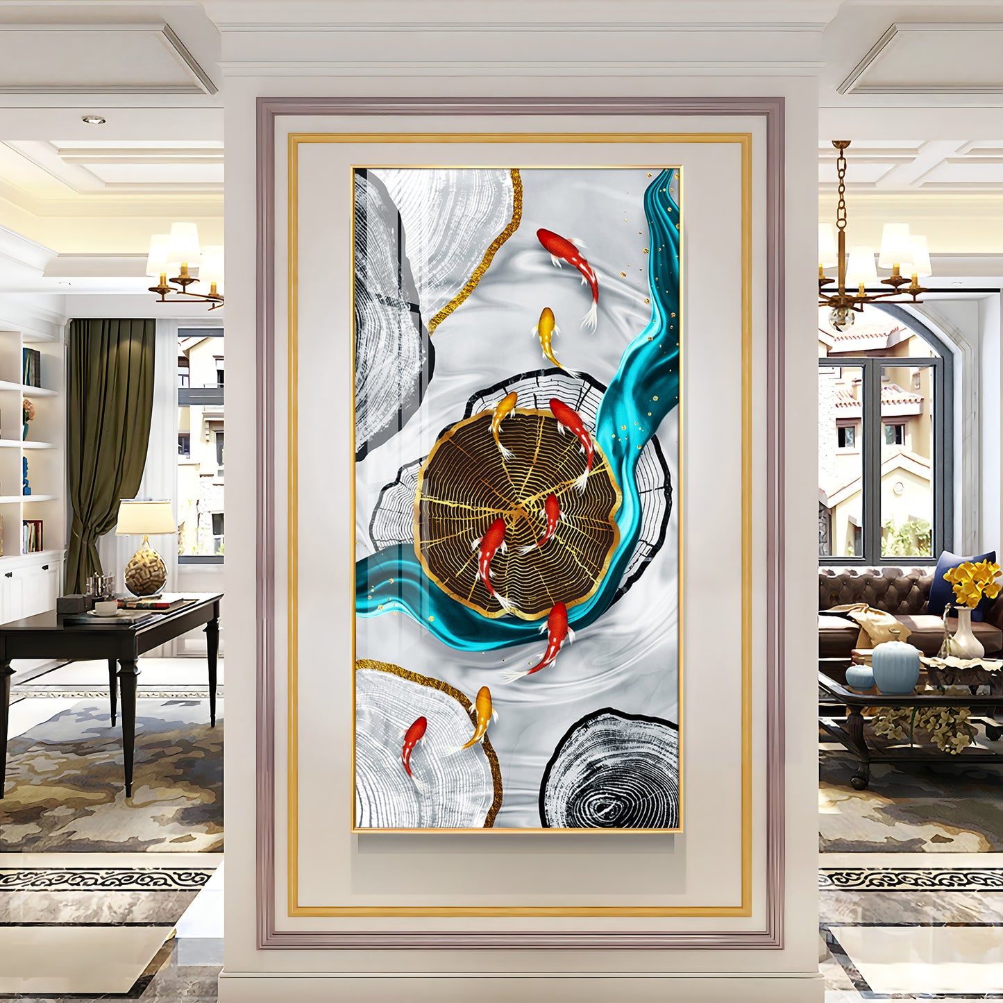 Tranquil Fish Pond Glass Finish Vertical Wall Art