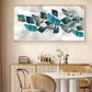 Turquoise Greay Leaves Glass Finish Horizontal Wall Art