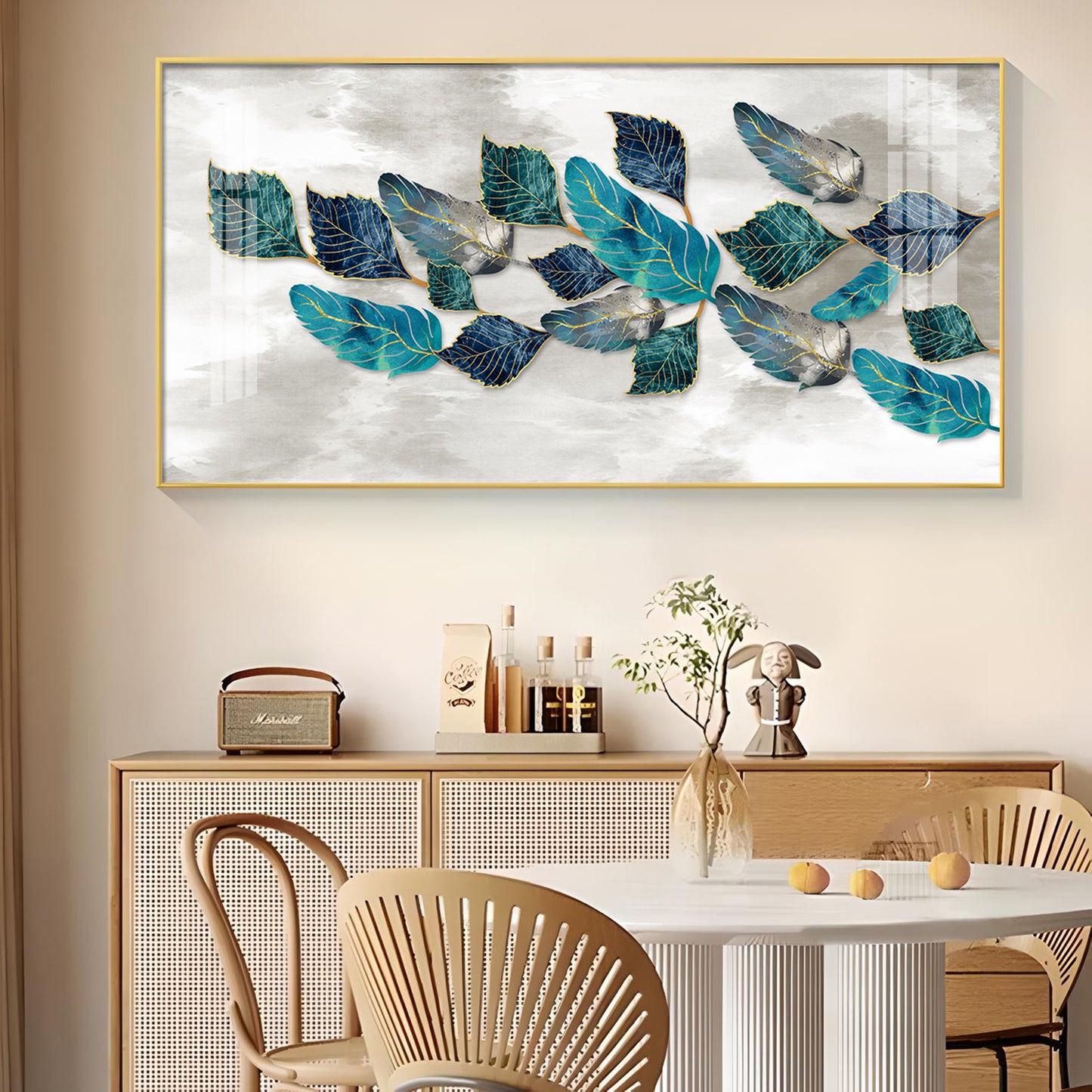 Turquoise Greay Leaves Glass Finish Horizontal Wall Art