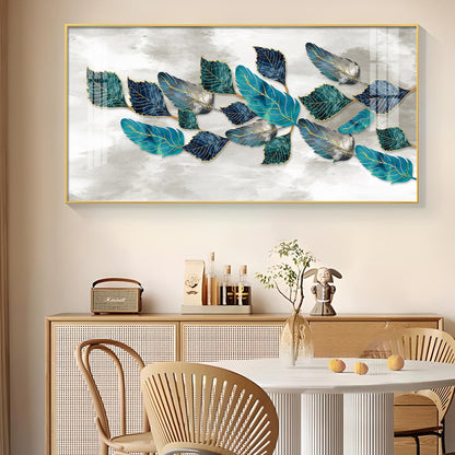 Turquoise Greay Leaves Glass Finish Horizontal Wall Art