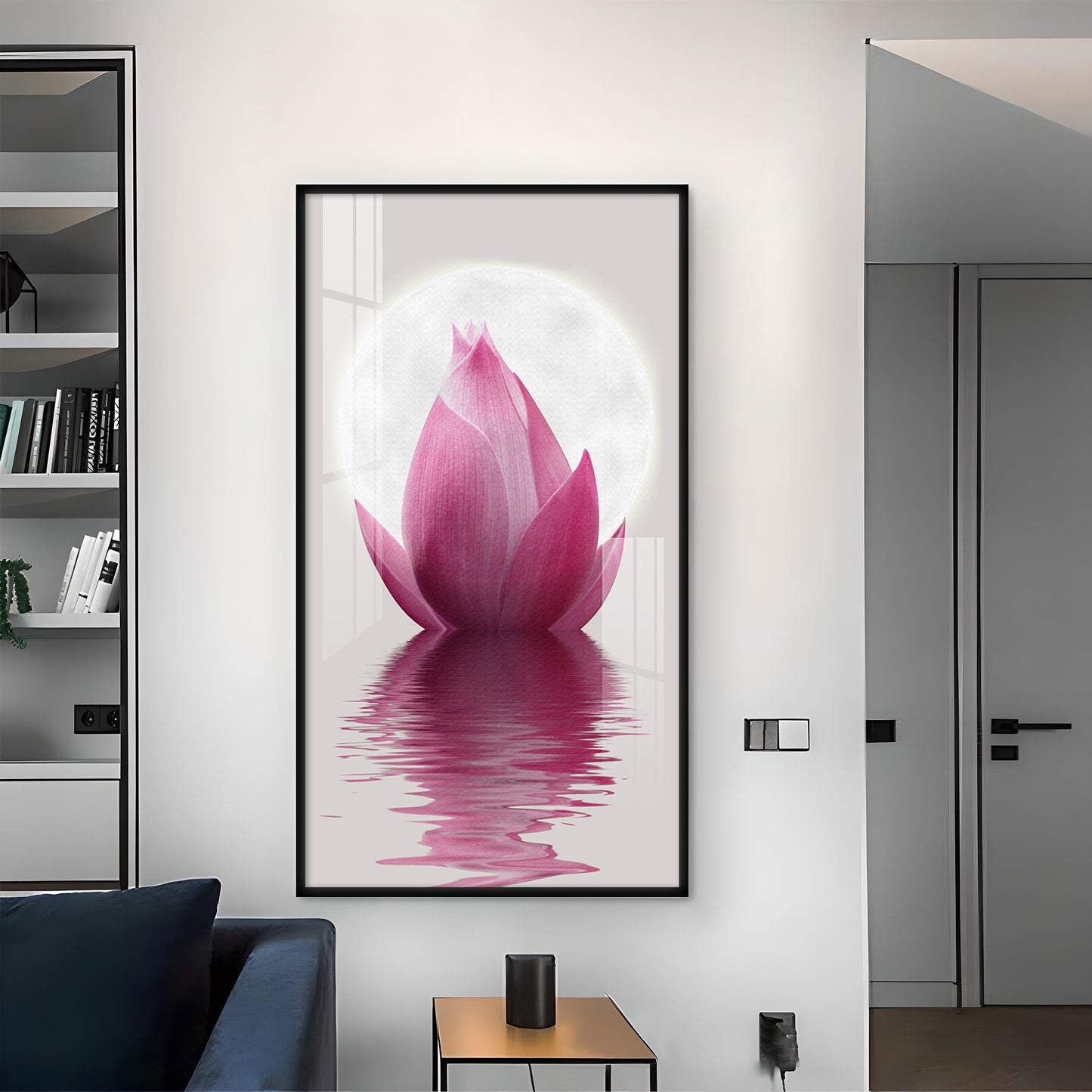 Lunar Lotus Glass Finish Vertical Wall Art