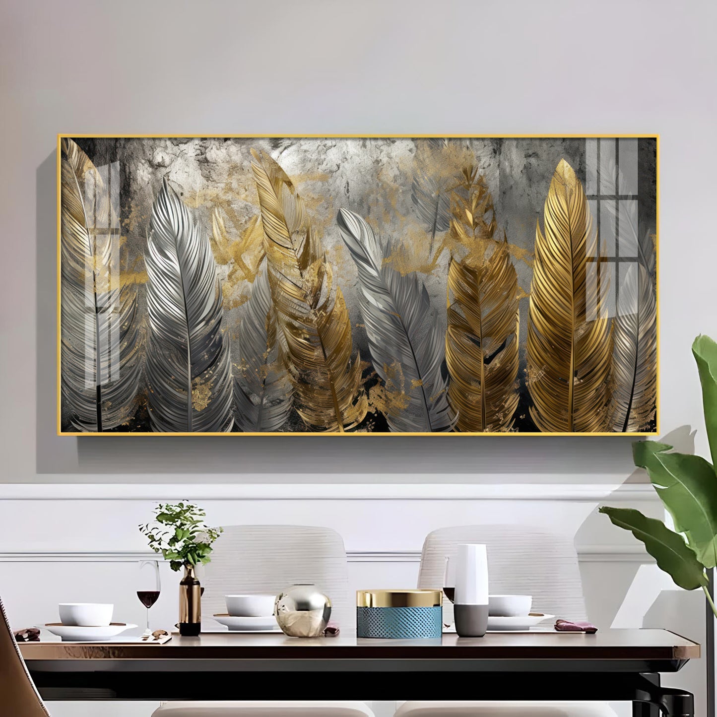 Golden And Silver Feather Glass Finish Horizontal Wall Art