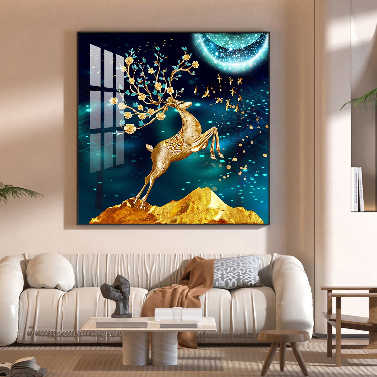 Golden Antlered Beauty Glass Finish Square Wall Art