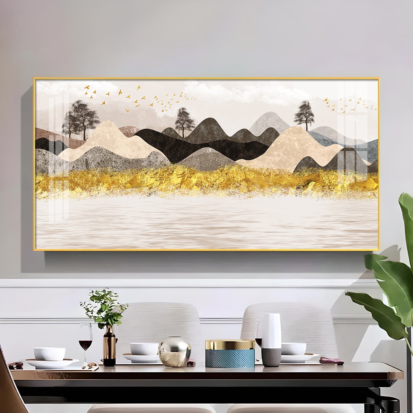 Colorful Golden Mountain Glass Finish Horizontal Wall Art