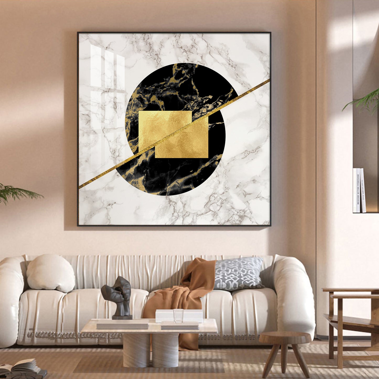 Gold-Infused Black Marble Glass Finish Square Wall Art