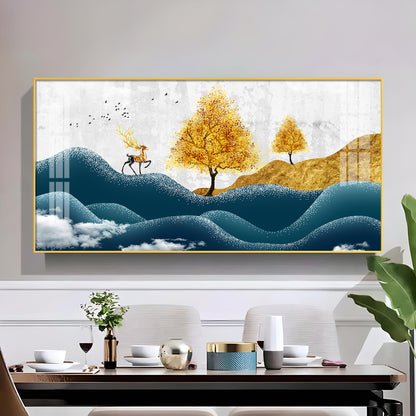 Deer In Forest Glass Finish Horizontal Wall Art