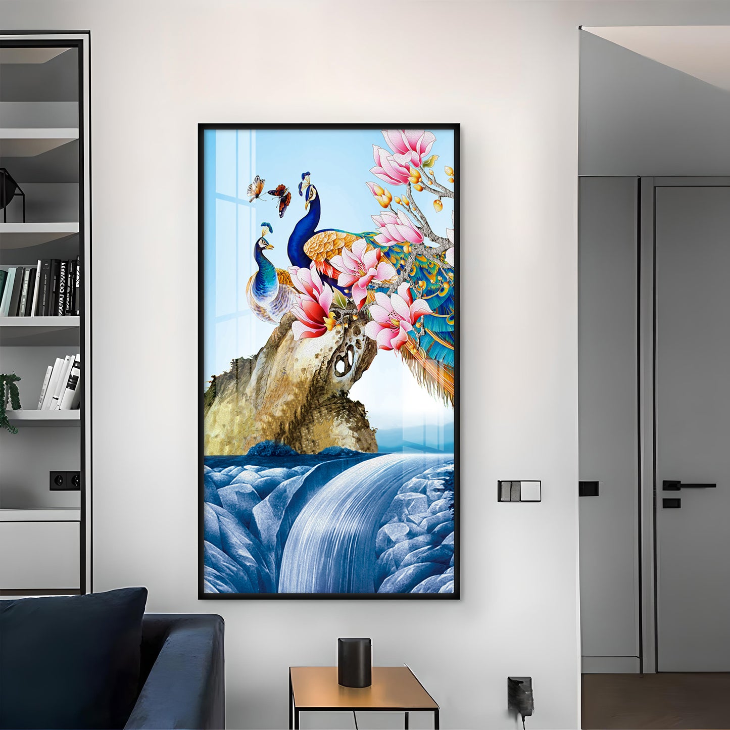 Peacock Amidst Floral Waters Glass Finish Vertical Wall Art