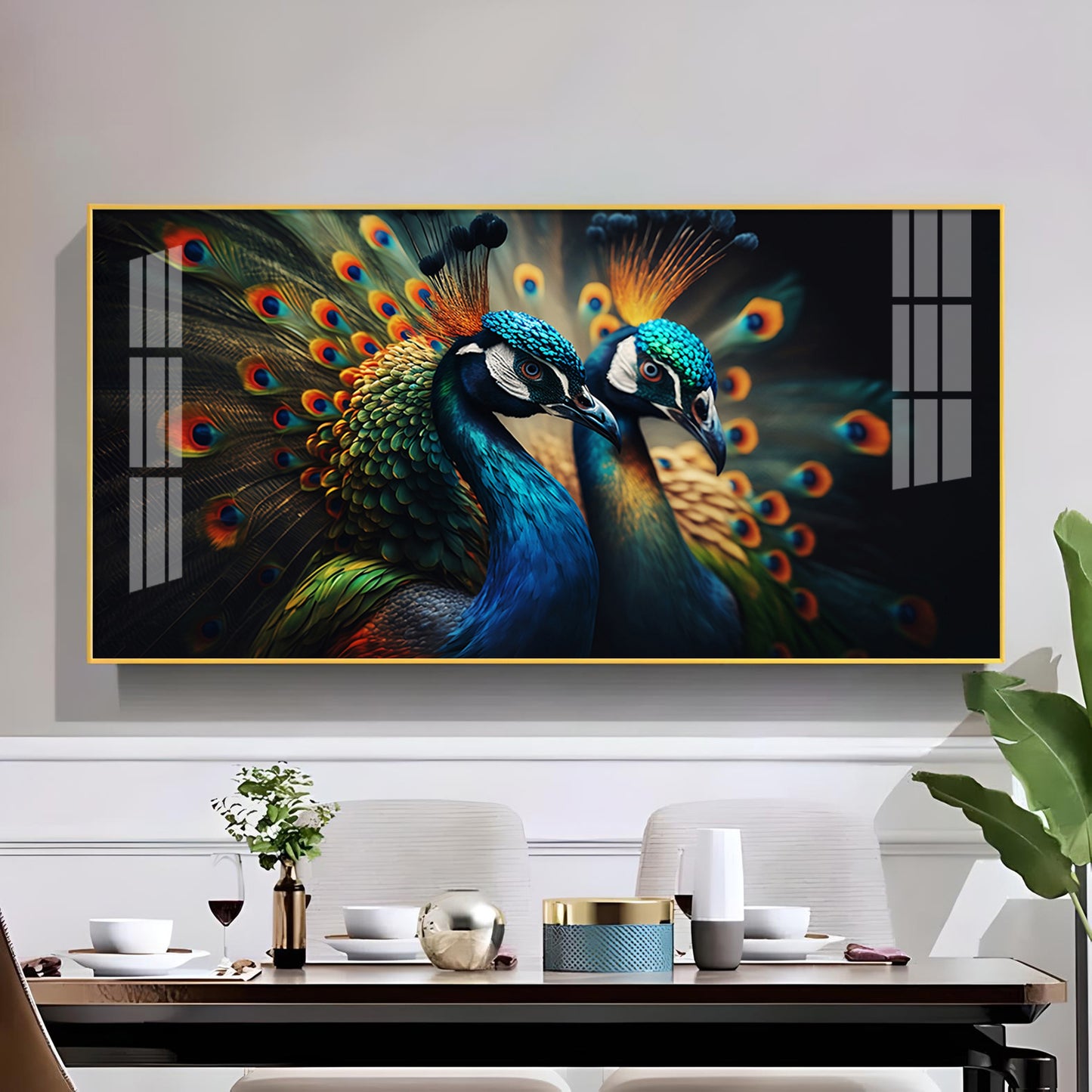 Peacock Duo Glass Finish Horizontal Wall Art