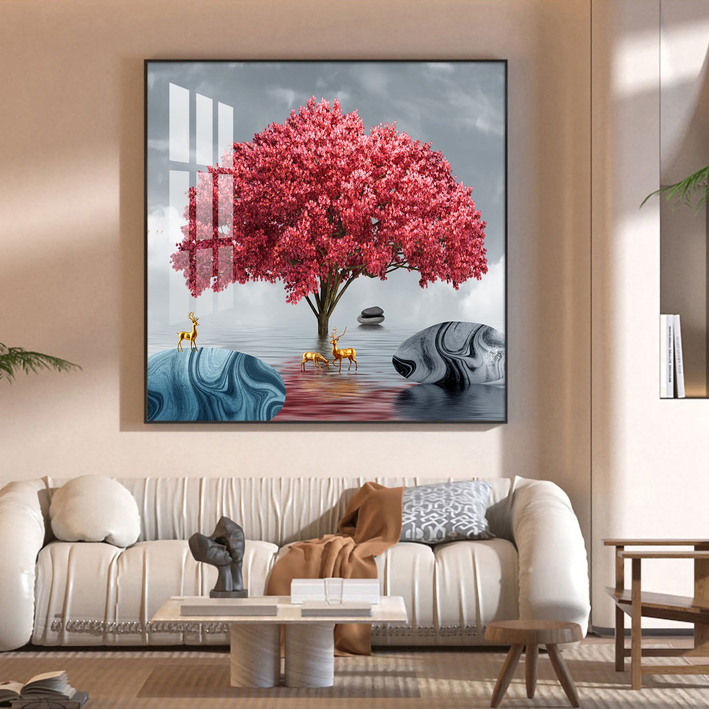 Rosy Bloom Tree Glass Finish Square Wall Art