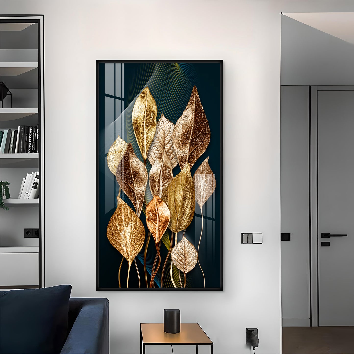 Golden Leafy Luxe Glass Finish Vertical Wall Art