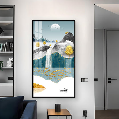 Painting of a Waterfall and Boat Glass Finish Vertical Wall Art