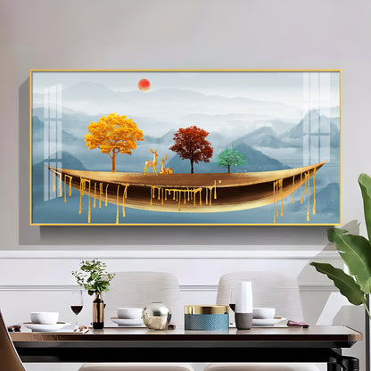 Golden Abstract Landscape Art Colored Line Tree Glass Finish Horizontal Wall Art