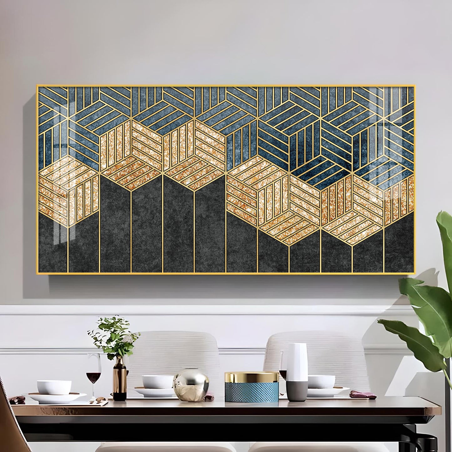 Hampton Abstract Black & Gold Glass Finish Horizontal Wall Art