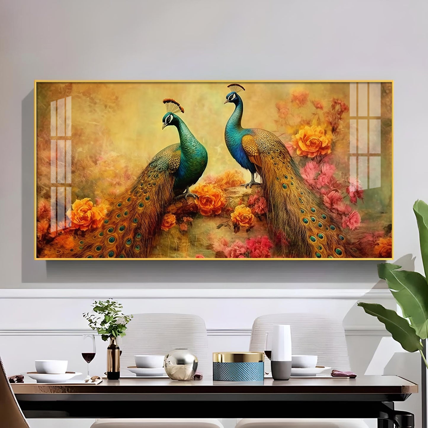 Two Peacock With Flower Background Glass Finish Horizontal Wall Art