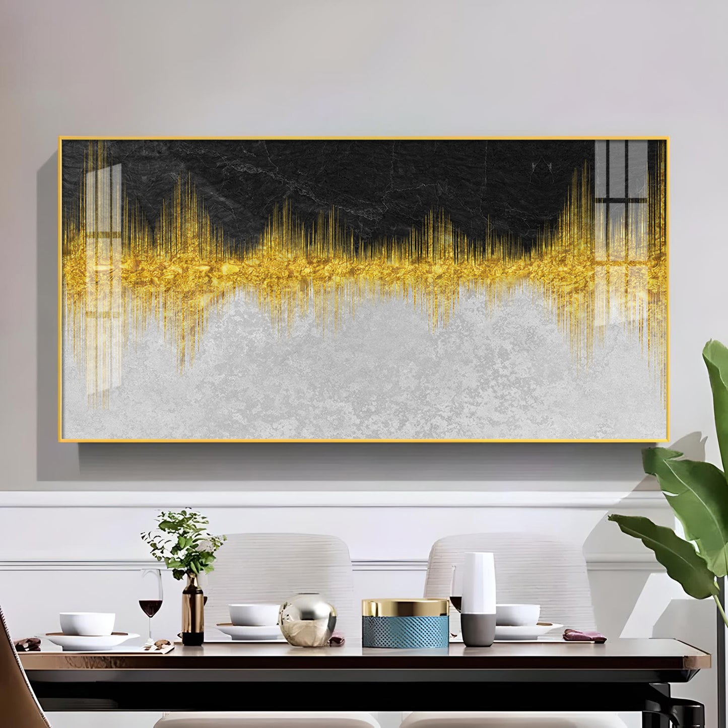 Abstract Marble Golden Black Glass Finish Horizontal Wall Art