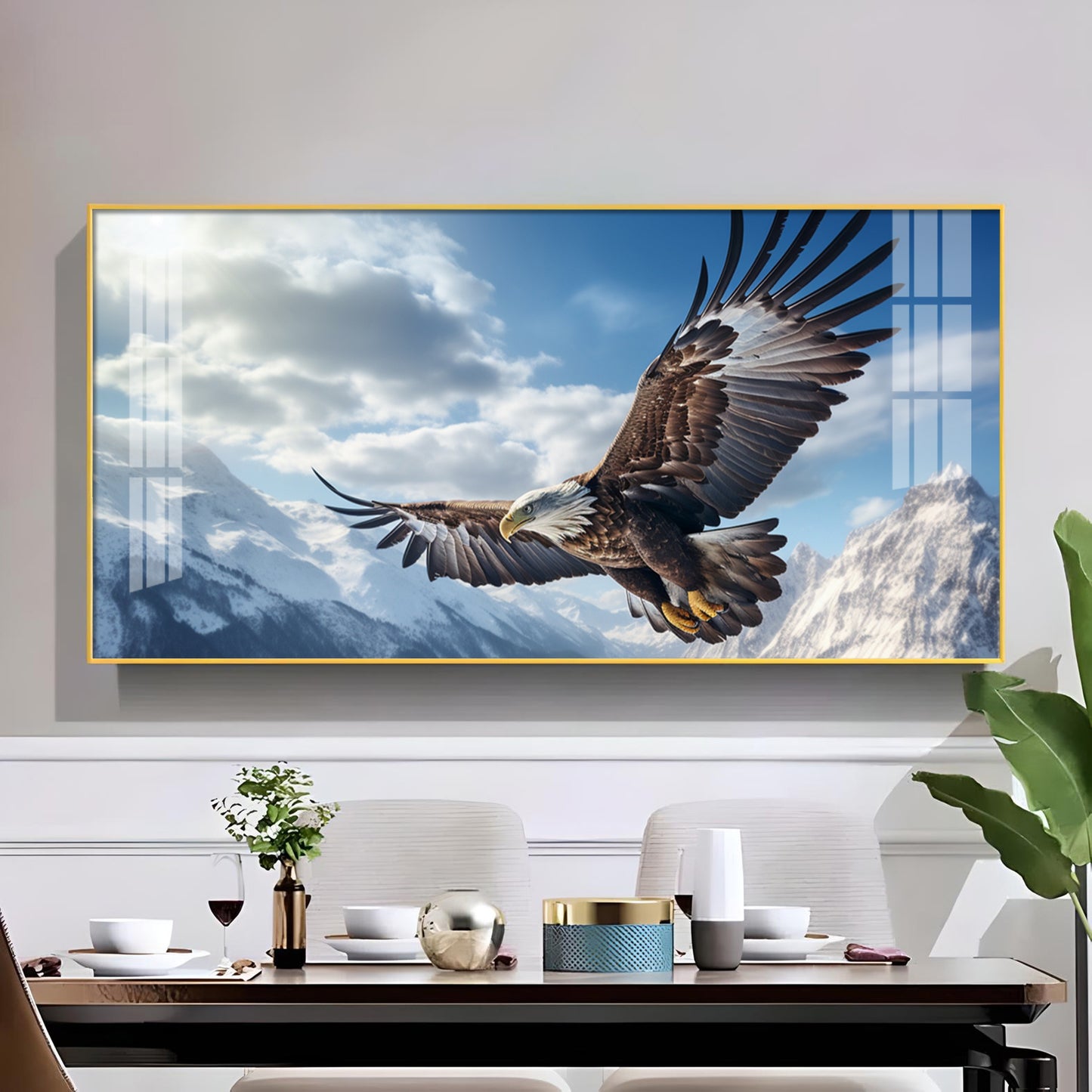 Eagle Flying Over Mountains Glass Finish Horizontal Wall Art