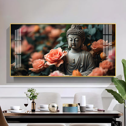 Calm Buddha With Flower Glass Finish Horizontal Wall Art