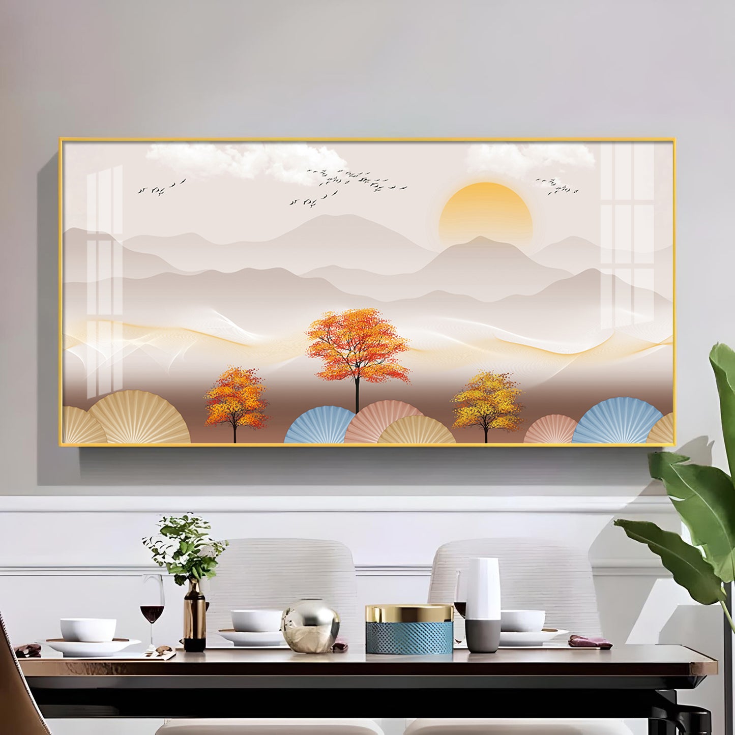 Tree With Mountains Glass Finish Horizontal Wall Art