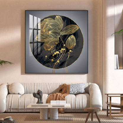 Golden Petal Grandeur Glass Finish Square Wall Art