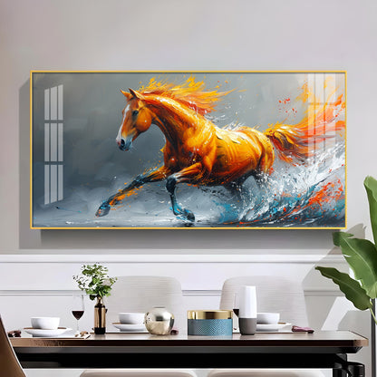 One Running Horse Glass Finish Horizontal Wall Art