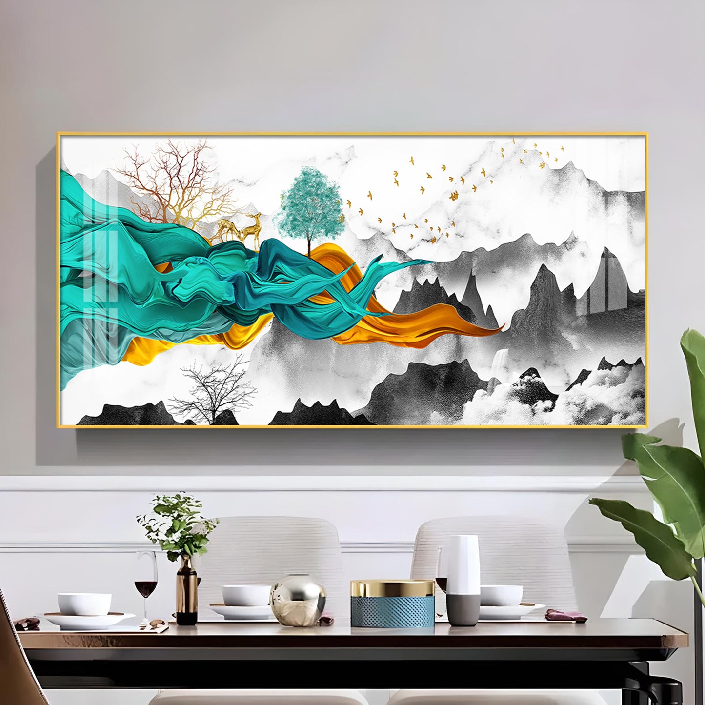 Geometric Abstract Art With Golden Texture Glass Finish Horizontal Wall Art