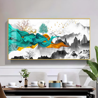 Geometric Abstract Art With Golden Texture Glass Finish Horizontal Wall Art