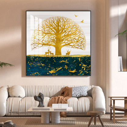 Portrait of Deer and Tree Glass Finish Square Wall Art