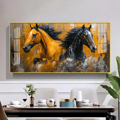 Two Horses Glass Finish Horizontal Wall Art