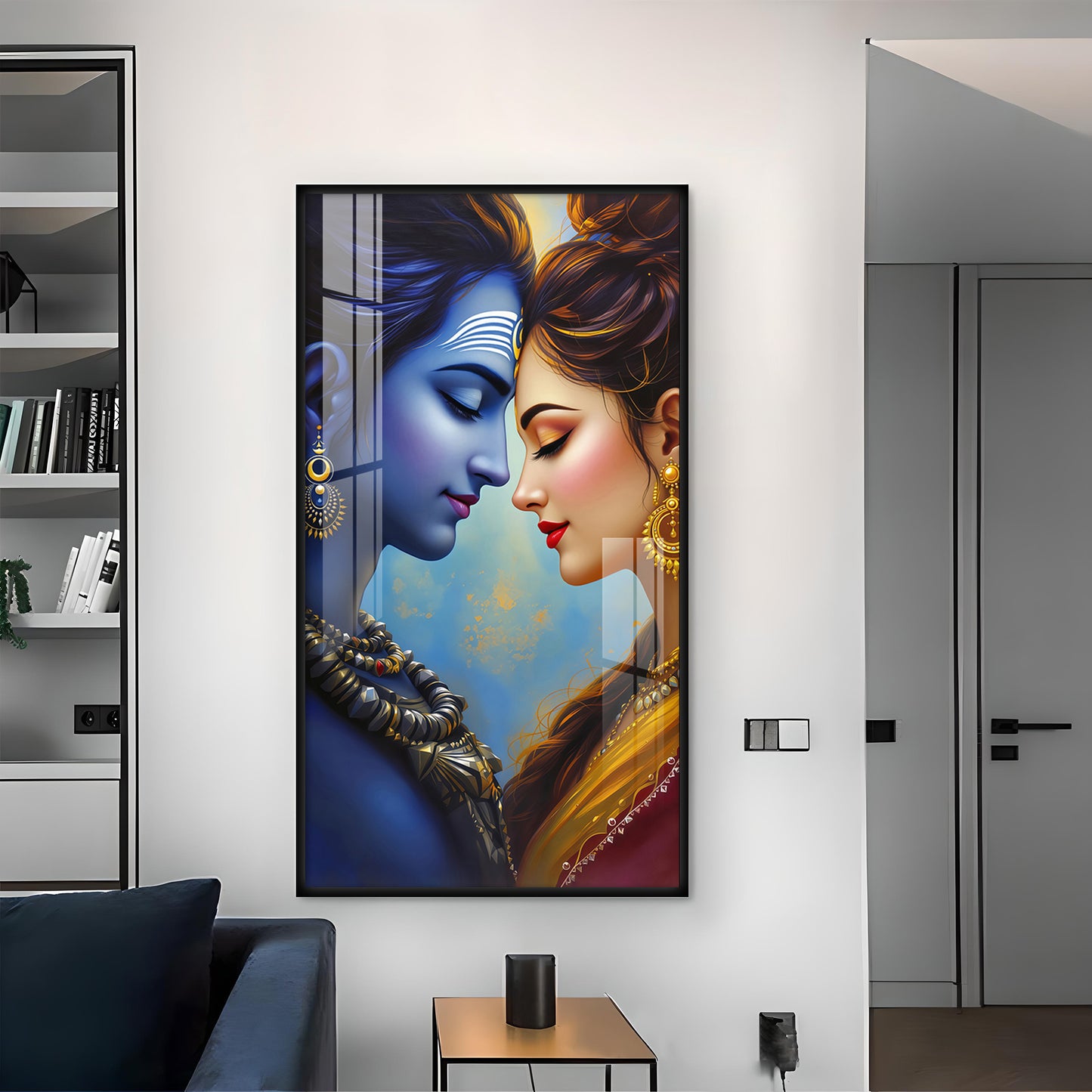 Lord Shiva and Goddess Parvati Glass Finish Vertical Wall Art