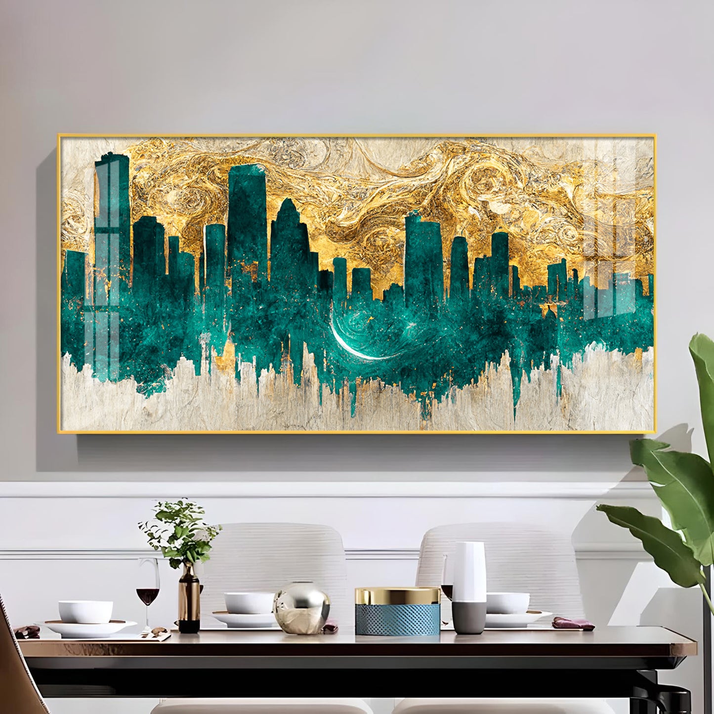 Golden Urban Vista Glass Finish Horizontal Wall Art