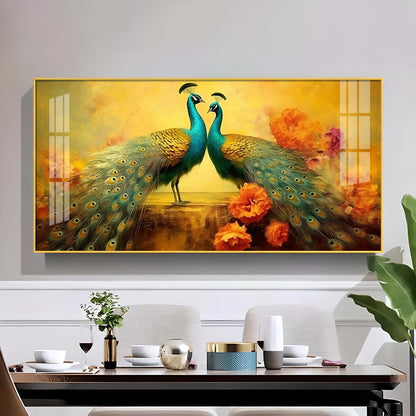 Peacocks With Flower Background Glass Finish Horizontal Wall Art