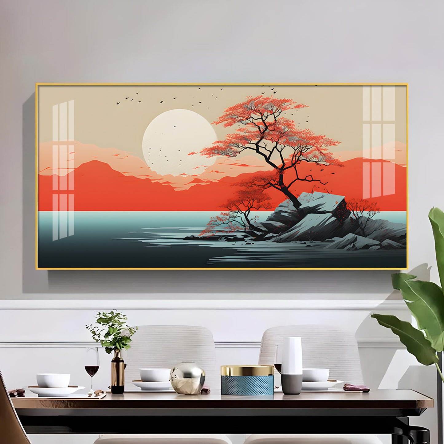 Sunrise In Red Mountain Glass Finish Horizontal Wall Art