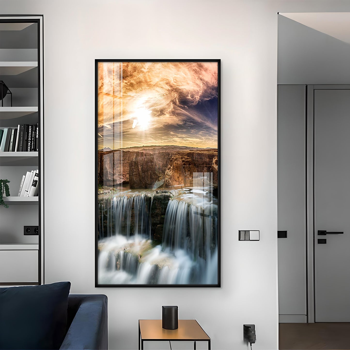 Dusk Over the Falls Glass Finish Vertical Wall Art