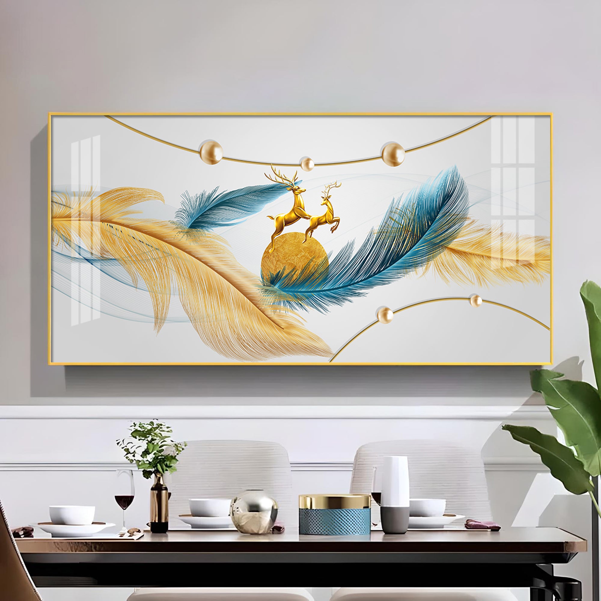 Golden Blue Feathers Glass Finish Horizontal Wall Art