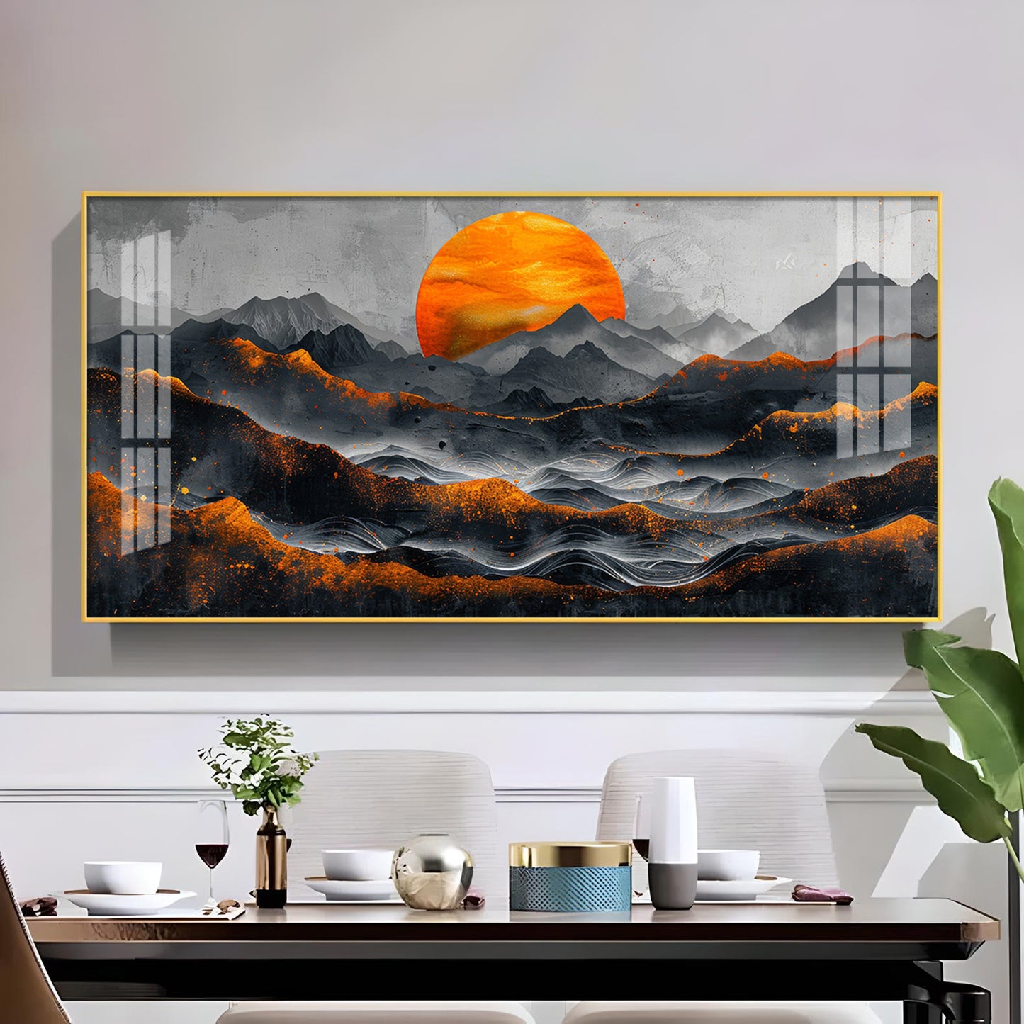 Sun Rise In Black Mountain Glass Finish Horizontal Wall Art