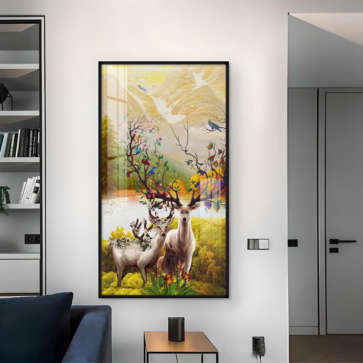 Portrait of Deer and Blossoms Glass Finish Vertical Wall Art