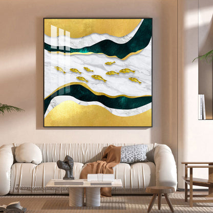 Golden Abstraction Of Fishes Glass Finish Square Wall Art