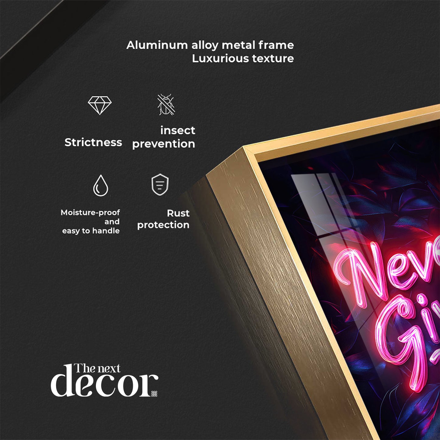 Never Give Up motivational Glass Finish Vertical Wall Art