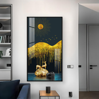 Golden Deer Essence Glass Finish Vertical Wall Art